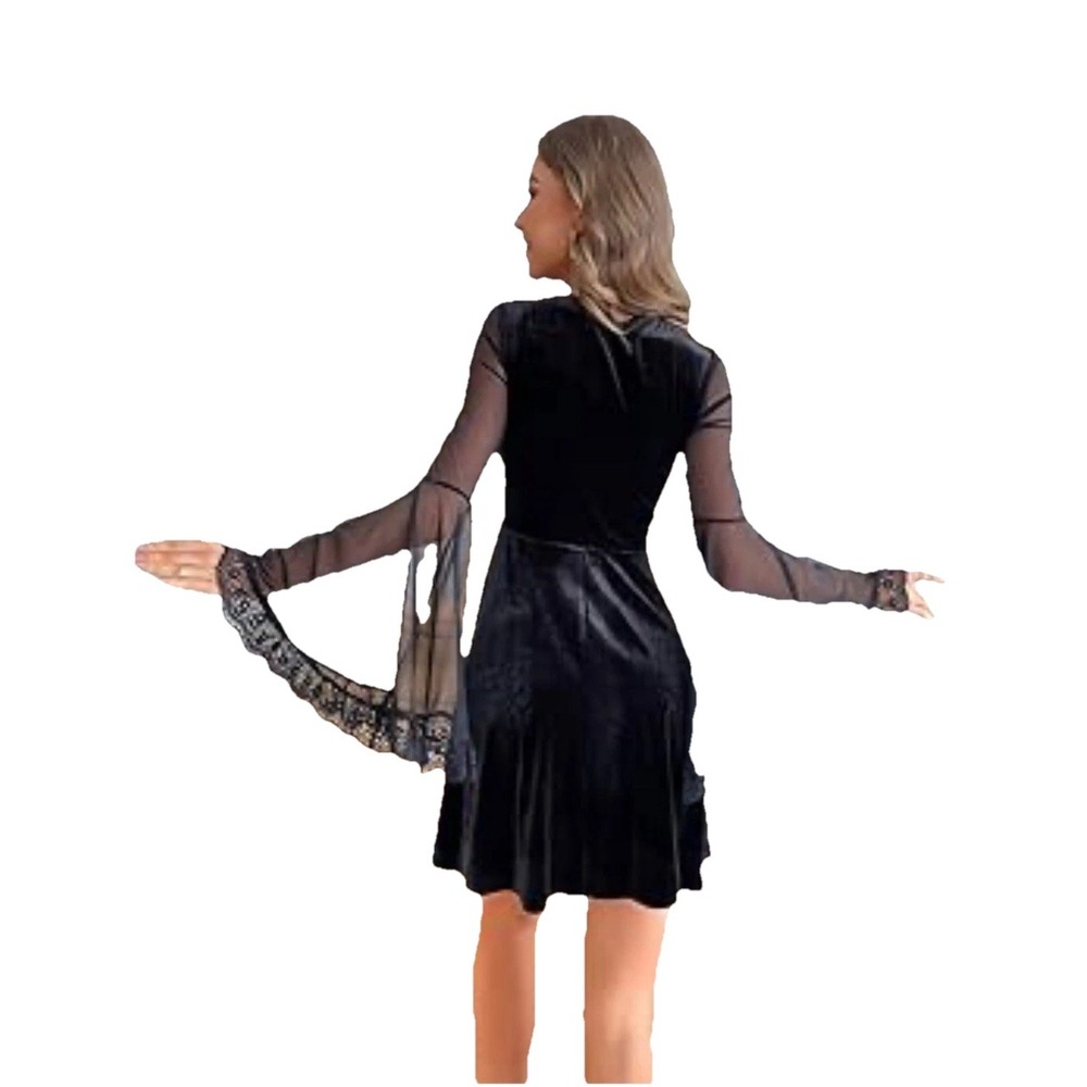 Black Velvet Chiffon Bell Sleeve Gothic Dark Fairy Whimsy Witchy Medium Dress - Picture 2 of 8